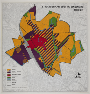 217127 Plattegrond van de binnenstad van Utrecht met omgeving, met aanduiding in kleuren de diverse bestemmingen ...